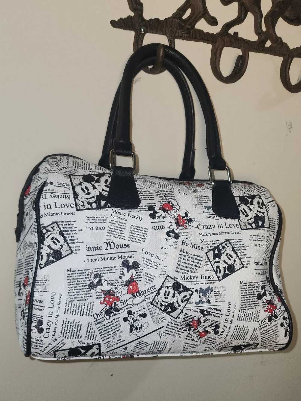 Mickey Minnie Newspaper Satchel Black White Crazy In Love Soulmate Disney Barrel
